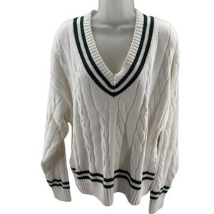 Walter Hagen Clubhouse Sweater White Green Cable Knit Golf Womens XLarge NEW